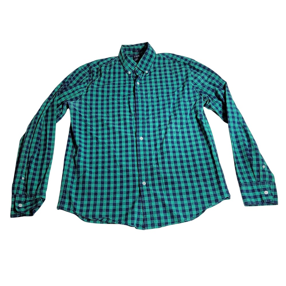 J.Crew Mens Slim Fit Flex Washed Gingham Button Down Shirt Green Navy Large